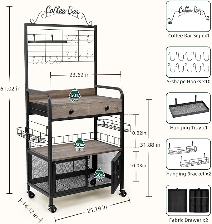 Coffee Bar Cabinet with Storage, Coffee Cart with Wheels, Coffee Station with Coffee Bar Sign and Mug Hook, Corner Coffee Bar Table with Drawer, Bakers Rack for Kitchen Dining Room Living Room Nook