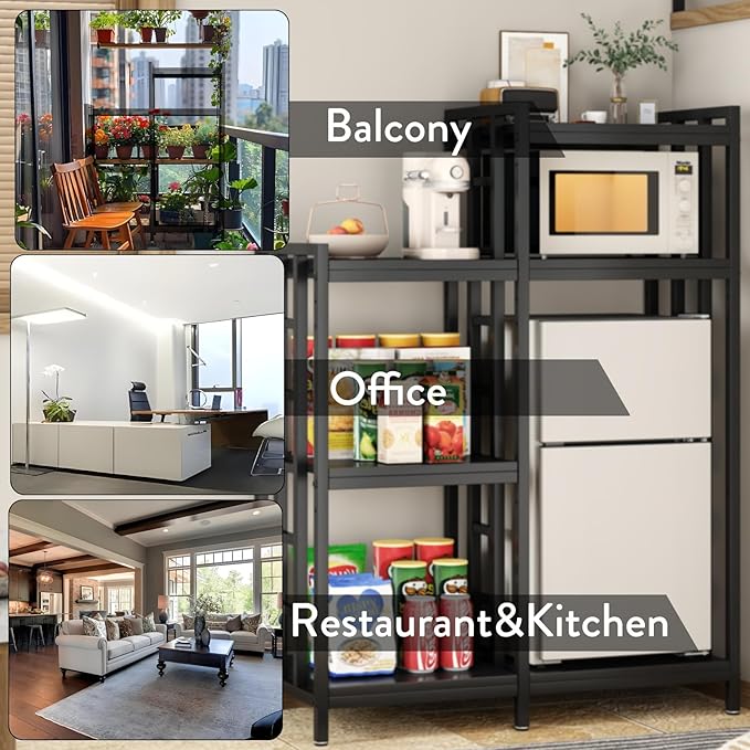 BRIGHTSHOW Kitchen Storage Shelf Bakers Rack, 6-Tier Coffee Bar Table, Kitchen Microwave & Mini Fridge Stand Shelves for Spices, Pots and Pans (52 x 40 x 17.5inch) (Black Wooden no Wheels)