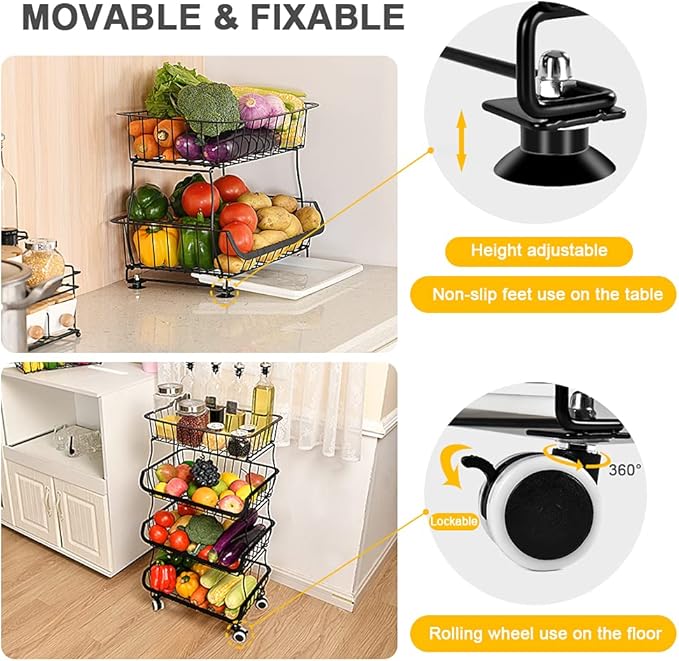 Fruit Vegetable Storage Basket, 4 Tier Stackable Metal Wire Storage Baskets with Wheels, Fruit Vegetable Produce Basket Organizer Bins for Kitchen, Pantry, Bathroom