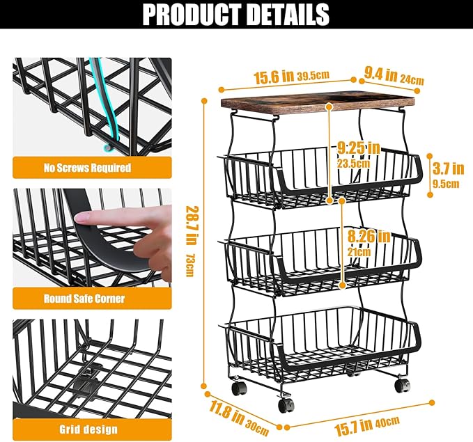 Fruit Vegetable Basket for Kitchen, 4 Tier Stackable Fruit Vegetable Storage Baskets with Wheels, Metal Wire Storage Basket Organizer Baskets for Kitchen, Pantry, Bathroom