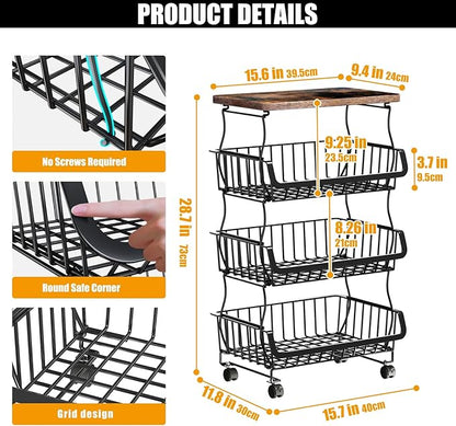 Fruit Vegetable Basket for Kitchen, 4 Tier Stackable Fruit Vegetable Storage Baskets with Wheels, Metal Wire Storage Basket Organizer Baskets for Kitchen, Pantry, Bathroom