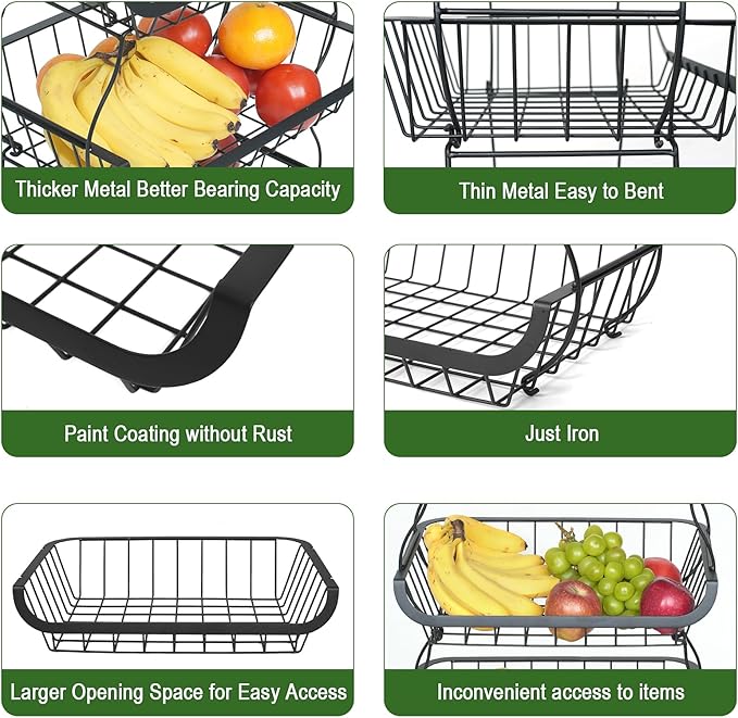 Fruit Vegetable Storage Basket, Kitchen Fruit Vegetable Storage Cart, 4 Tier Stackable Metal Wire Storage Baskets with Wheels, Produce Basket Organizer Bins for Pantry, Bathroom, Black