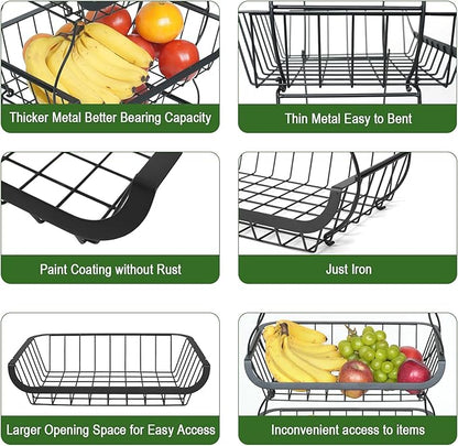Fruit Vegetable Storage Basket, Kitchen Fruit Vegetable Storage Cart, 4 Tier Stackable Metal Wire Storage Baskets with Wheels, Produce Basket Organizer Bins for Pantry, Bathroom, Black