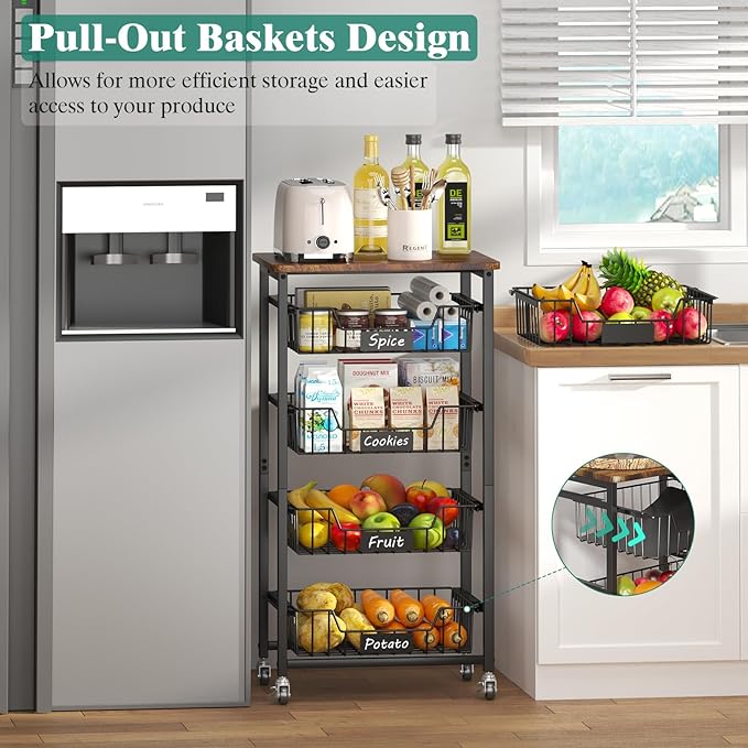 5-Tier Vegetable Fruit Basket Kitchen Storage Rolling Cart on Wheels with Pull-Out Baskets and Wood Top for Kitchen Diningroom Pantry