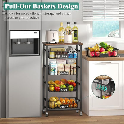 5-Tier Vegetable Fruit Basket Kitchen Storage Rolling Cart on Wheels with Pull-Out Baskets and Wood Top for Kitchen Diningroom Pantry