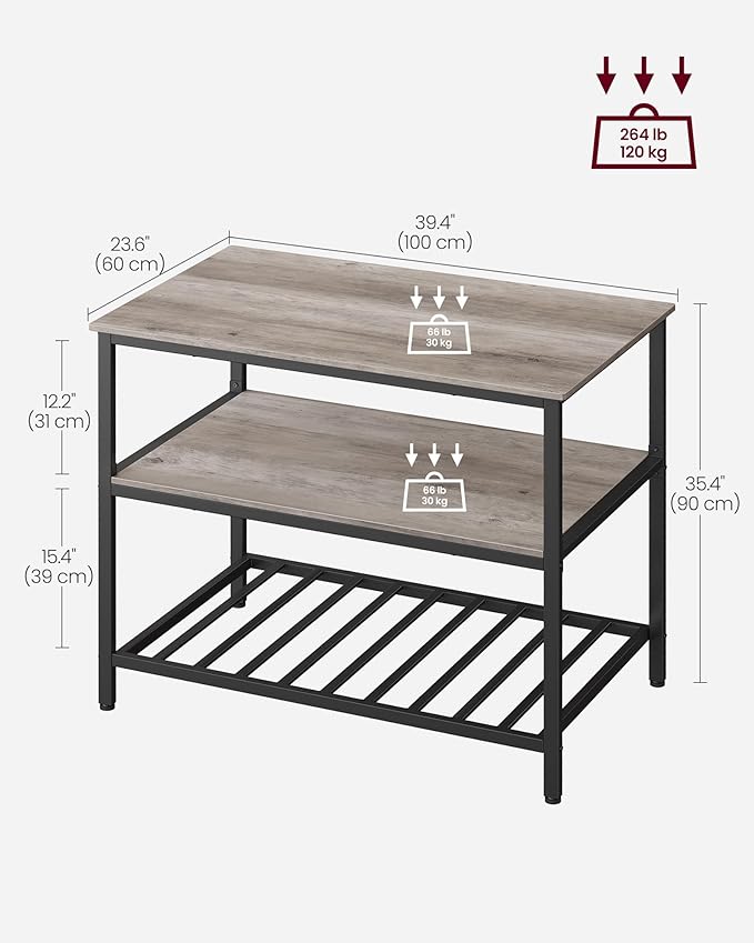VASAGLE Kitchen Island with 3 Shelves, 39.4 Inches Width Kitchen Shelf with Large Worktop, Stable Steel Structure, Industrial, Easy to Assemble, Greige and Black UKKI005B02