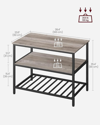 VASAGLE Kitchen Island with 3 Shelves, 39.4 Inches Width Kitchen Shelf with Large Worktop, Stable Steel Structure, Industrial, Easy to Assemble, Greige and Black UKKI005B02