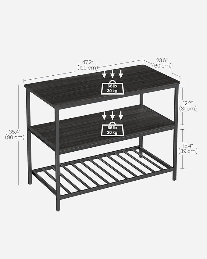 VASAGLE Kitchen Island with 3 Shelves, 47.2 Inches Width Kitchen Shelf with Large Worktop, Stable Steel Structure, Industrial, Easy to Assemble, Ebonised Oak and Black UKKI001B42