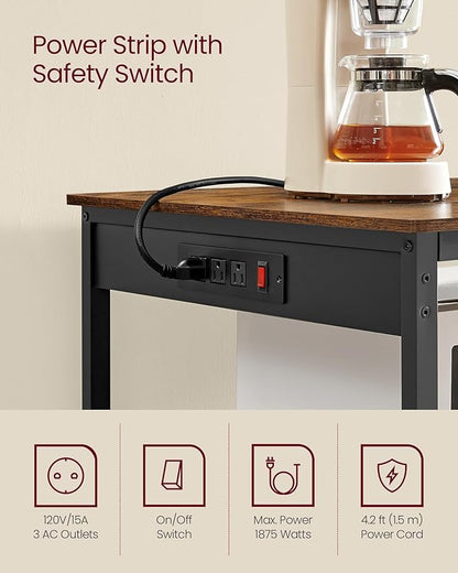 VASAGLE Kitchen Island with 3 Shelves, 39.4 Inches Width Kitchen Shelf with Power Strip, Large Worktop, Stable Steel Structure, Industrial, Easy to Assemble, Rustic Brown and Black UKKI105K01