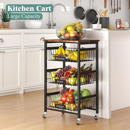 4-Tier Vegetable Fruit Basket Kitchen Storage Rolling Cart on Wheels with Pull-Out Baskets and Wood Top for Kitchen Diningroom Pantry