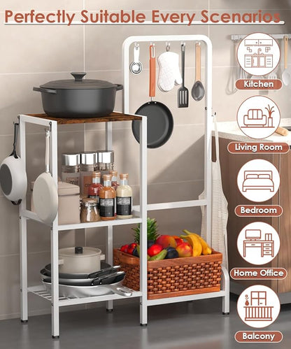 Mocomax 3-Tier Pot and Pan Organizer Rack, Free Standing Cookware Storage Stand, Multifunctional Metal Corner Shelf Holds 50LB, Pan Pot Lid Tower Holder with 8 Hooks for Kitchen Pantry and Home, White