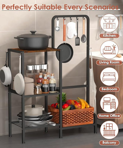 Mocomax 3-Tier Pot and Pan Organizer Rack, Free Standing Cookware Storage Stand, Multifunctional Metal Corner Shelf Holds 50LB, Pan Pot Lid Tower Holder with 8 Hooks for Kitchen Pantry and Home, Black