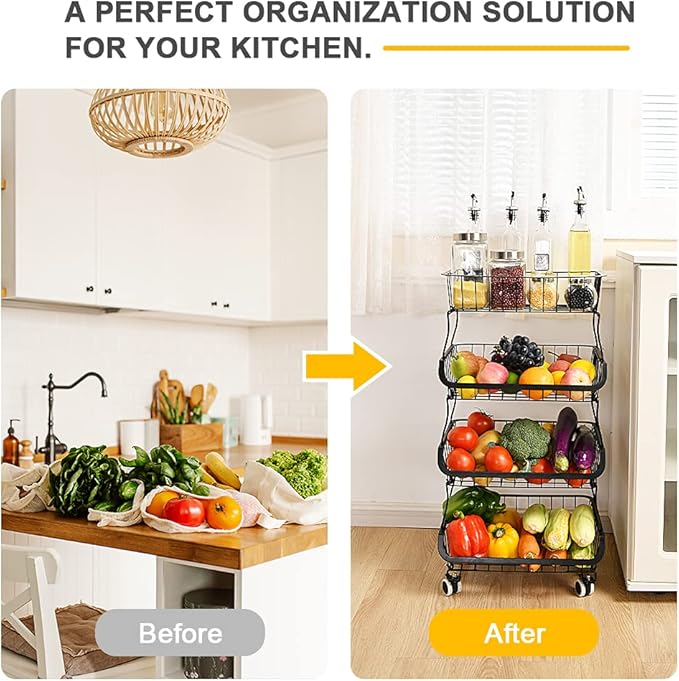 Fruit Vegetable Storage Basket, 4 Tier Stackable Metal Wire Storage Baskets with Wheels, Fruit Vegetable Produce Basket Organizer Bins for Kitchen, Pantry, Bathroom