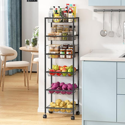 Fruit Vegetable Basket for Kitchen, 6 Tier Fruit and Vegetable Storage Cart, Metal Wire Storage Baskets with Wheels, Small Rolling Cart Organizer Rack for Pantry, Living Room, Bathroom