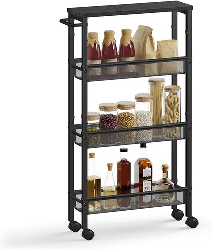 VASAGLE Slim Rolling Cart, 4-Tier Storage Cart, Narrow Cart with Handle, 5.1 Inches Deep, Metal Frame, for Kitchen, Dining Room, Living Room, Home Office, Ebony Black and Classic Black ULRC032B04