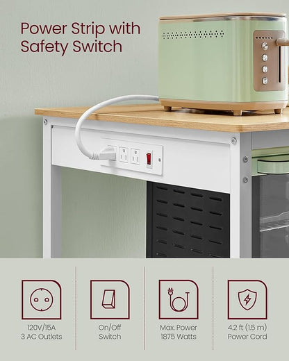 VASAGLE Kitchen Island with 3 Shelves, Kitchen Shelf with Power Strip, 23.6 x 39.4. x 34.9 Inches, Large Worktop, Steel Structure, Industrial, Easy to Assemble, Oak Color and White UKKI105Y01