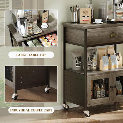 Catrimown Coffee Cart Station, Coffee Stand Station, Small Microwave Stand with Drawer, Movable Farmhouse Coffee Station Table on Wheels for Living Room, Entryway, Dining Room, Kitchen, Wash Grey