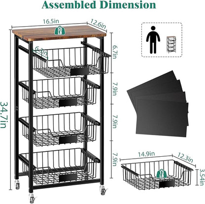 5-Tier Vegetable Fruit Basket Kitchen Storage Rolling Cart on Wheels with Pull-Out Baskets and Wood Top for Kitchen Diningroom Pantry