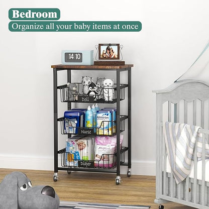 4-Tier Vegetable Fruit Basket Kitchen Storage Rolling Cart on Wheels with Pull-Out Baskets and Wood Top for Kitchen Diningroom Pantry