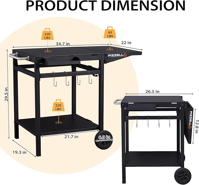 Garden Cart 2 Layers Grill Cart for Outdoor Foldable Shelf Worktable Outside Kitchen Pizza Oven Stand Trolley with Handle, Wheels, and Hooks