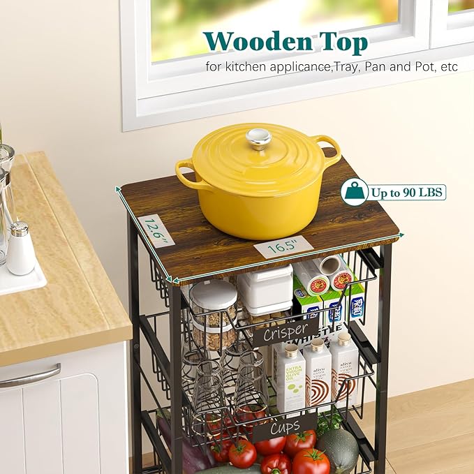 5-Tier Vegetable Fruit Basket Kitchen Storage Rolling Cart on Wheels with Pull-Out Baskets and Wood Top for Kitchen Diningroom Pantry