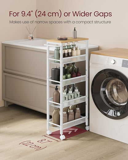 VASAGLE Slim Rolling Cart, 5-Tier Storage Cart, Narrow Cart with Handle, 8.7 Inches Deep, Metal Frame, for Kitchen, Dining Room, Living Room, Home Office, Oak Beige and Classic White ULRC035W09