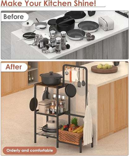 Mocomax 3-Tier Pot and Pan Organizer Rack, Free Standing Cookware Storage Stand, Multifunctional Metal Corner Shelf Holds 50LB, Pan Pot Lid Tower Holder with 8 Hooks for Kitchen Pantry and Home, Black