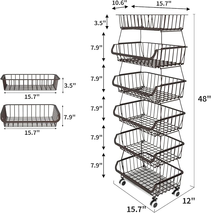 Fruit Vegetable Storage Basket for Kitchen - 6 Tier Stackable Metal Wire Baskets Cart with Rolling Wheels Utility Fruits Rack Produce Snack Organizer Bins for Pantry Bathroom Laundry Bronze