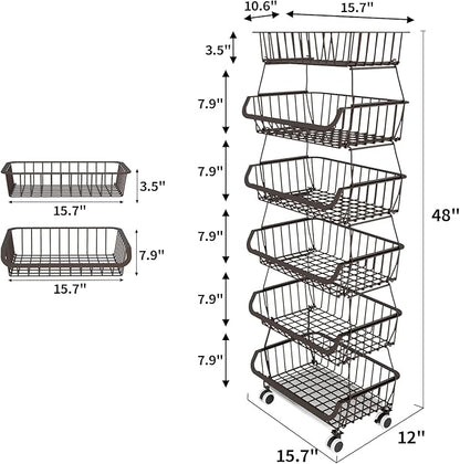 Fruit Vegetable Storage Basket for Kitchen - 6 Tier Stackable Metal Wire Baskets Cart with Rolling Wheels Utility Fruits Rack Produce Snack Organizer Bins for Pantry Bathroom Laundry Bronze