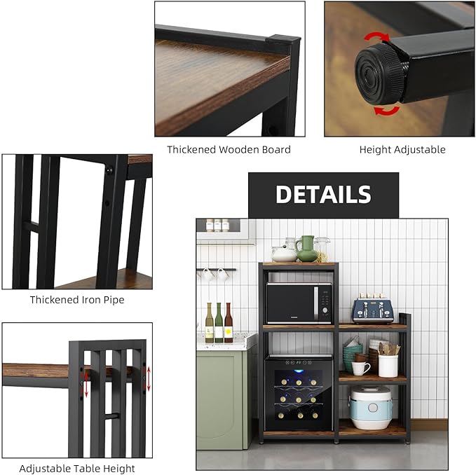 BRIGHTSHOW Kitchen Storage Shelf Bakers Rack, 6-Tier Coffee Bar Table, Kitchen Microwave & Mini Fridge Stand Shelves for Spices, Pots and Pans (52 x 40 x 17.5inch) (Tiger Brown)