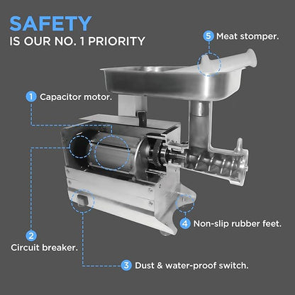 #22 Commercial Electric Meat Grinder Machine, 550lbs/h, 1HP Stainless Steel Meat Grinder Heavy Duty with Sausage Stuffer for deer processing, Pet Food, Heavy Use