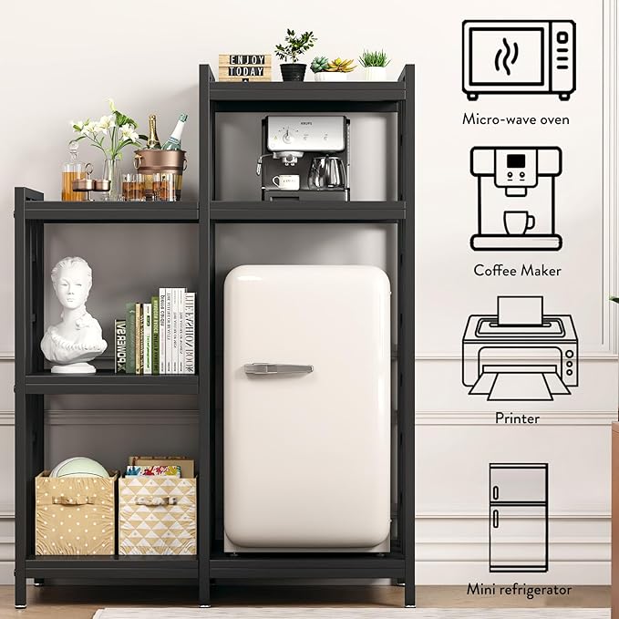 BRIGHTSHOW Kitchen Storage Shelf Bakers Rack, 6-Tier Coffee Bar Table, Kitchen Microwave & Mini Fridge Stand Shelves for Spices, Pots and Pans (52 x 40 x 17.5inch) (Black Wooden no Wheels)