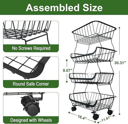 Fruit Vegetable Storage Basket, Kitchen Fruit Vegetable Storage Cart, 4 Tier Stackable Metal Wire Storage Baskets with Wheels, Produce Basket Organizer Bins for Pantry, Bathroom, Black