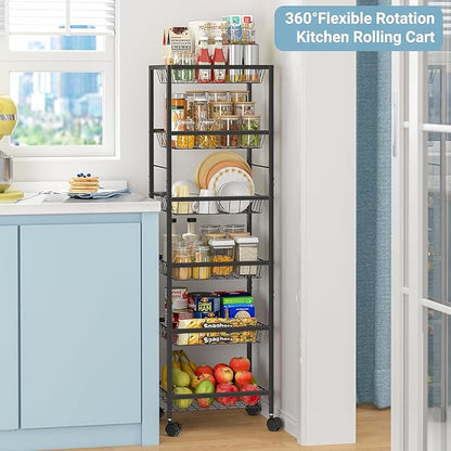 Fruit Vegetable Basket for Kitchen, 6 Tier Fruit and Vegetable Storage Cart, Metal Wire Storage Baskets with Wheels, Small Rolling Cart Organizer Rack for Pantry, Living Room, Bathroom