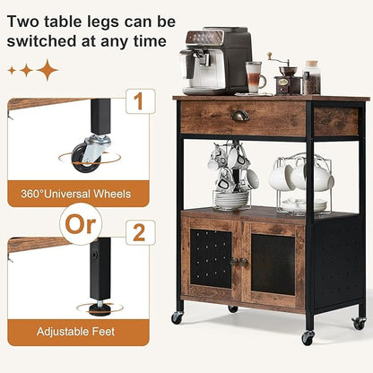 Catrimown Coffee Cart Station, Coffee Stand Station, Small Microwave Stand with Drawer, Movable Farmhouse Coffee Station Table on Wheels for Living Room, Entryway, Dining Room, Kitchen