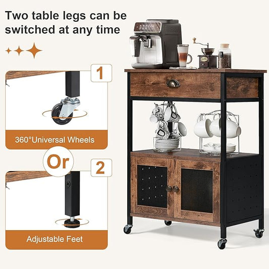 Catrimown Coffee Cart Station, Coffee Stand Station, Small Microwave Stand with Drawer, Movable Farmhouse Coffee Station Table on Wheels for Living Room, Entryway, Dining Room, Kitchen
