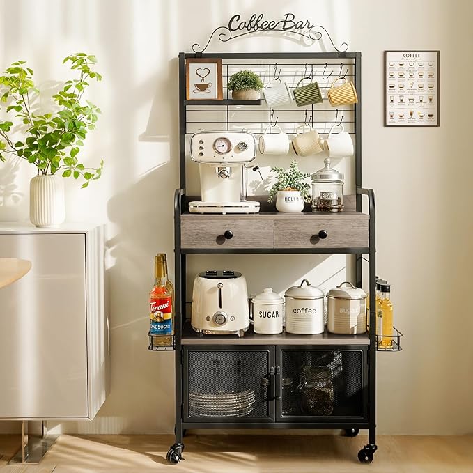 Coffee Bar Cabinet with Storage, Coffee Cart with Wheels, Coffee Station with Coffee Bar Sign and Mug Hook, Corner Coffee Bar Table with Drawer, Bakers Rack for Kitchen Dining Room Living Room Nook