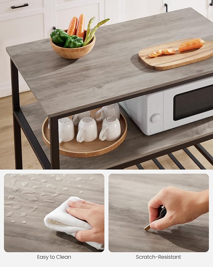 VASAGLE Kitchen Island with 3 Shelves, 39.4 Inches Width Kitchen Shelf with Large Worktop, Stable Steel Structure, Industrial, Easy to Assemble, Greige and Black UKKI005B02