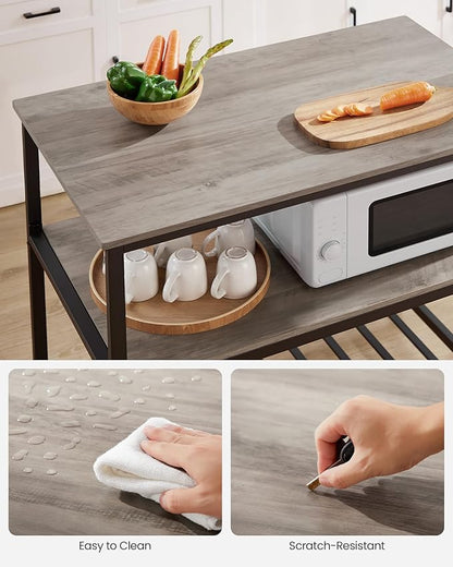 VASAGLE Kitchen Island with 3 Shelves, 39.4 Inches Width Kitchen Shelf with Large Worktop, Stable Steel Structure, Industrial, Easy to Assemble, Greige and Black UKKI005B02