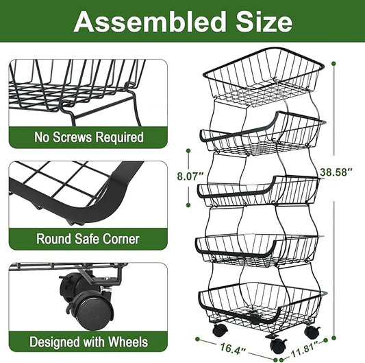 Fruit Vegetable Storage Basket, Kitchen Fruit Vegetable Storage Cart, 5 Tier Stackable Metal Wire Storage Baskets with Wheels, Produce Basket Organizer Bins for Pantry, Bathroom, Black