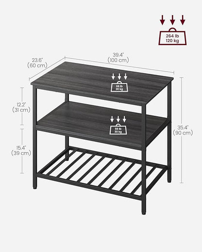 VASAGLE Kitchen Island with 3 Shelves, 39.4 Inches Width Kitchen Shelf with Large Worktop, Stable Steel Structure, Industrial, Easy to Assemble, Ebonised Oak and Black UKKI005B42
