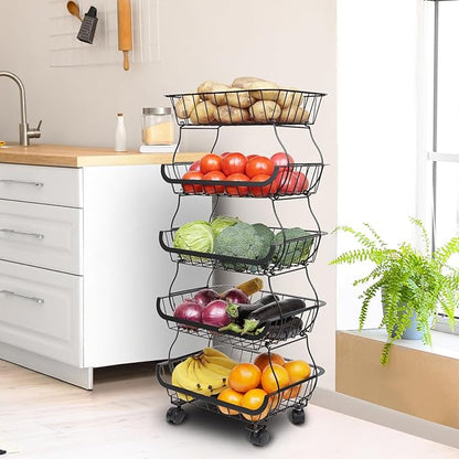 Fruit Vegetable Storage Basket, Kitchen Fruit Vegetable Storage Cart, 5 Tier Stackable Metal Wire Storage Baskets with Wheels, Produce Basket Organizer Bins for Pantry, Bathroom, Black