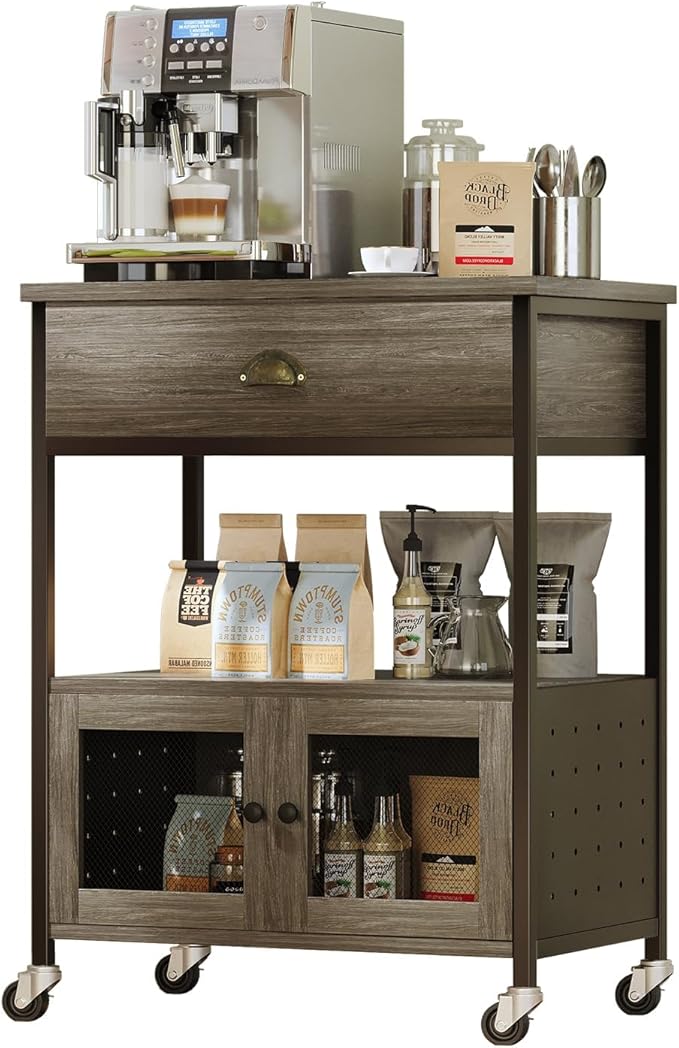 Catrimown Coffee Cart Station, Coffee Stand Station, Small Microwave Stand with Drawer, Movable Farmhouse Coffee Station Table on Wheels for Living Room, Entryway, Dining Room, Kitchen, Wash Grey