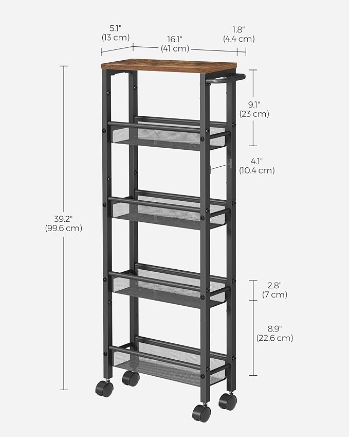 VASAGLE Slim Rolling Cart, 5-Tier Storage Cart, Narrow Carts with Handle, 5.1 Inches Deep, Metal Frame, for Kitchen, Dining Room, Living Room, Home Office, Rustic Brown and Classic Black ULRC034B01