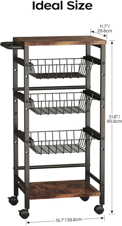 5-Tier Snack Organizer Cart with 3 Height Adjustable Pull-Out Baskets and 2 Storage Shelves, Utility Kitchen Organizer and Storage Cart with Convenient Handle for Fruit Potato Onion Vegetable Snack