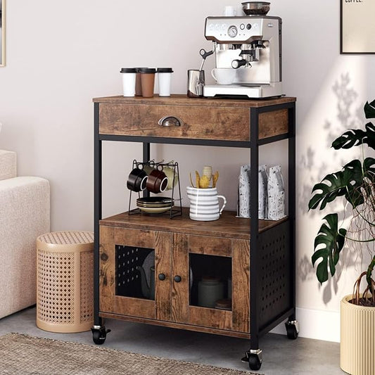 Catrimown Coffee Cart Station, Coffee Stand Station, Small Microwave Stand with Drawer, Movable Farmhouse Coffee Station Table on Wheels for Living Room, Entryway, Dining Room, Kitchen