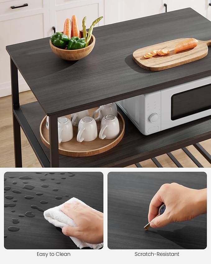 VASAGLE Kitchen Island with 3 Shelves, 39.4 Inches Width Kitchen Shelf with Large Worktop, Stable Steel Structure, Industrial, Easy to Assemble, Ebonised Oak and Black UKKI005B42