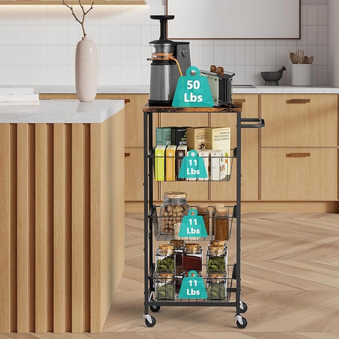 4 Tier Rolling Storage Cart, Kitchen Utility Storage Cart with Pull-Out Fruit Baskets, Mobile Pantry Cart with Wheels, Kitchen, Bathroom, Brown