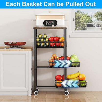 Fruit Vegetable Storage Basket for Kitchen, 4 Tier Large Pull-Out Metal Wire Baskets with 3 Pack Mats Bottom, Wood Top and Wheels, Vegetable Produce Bins Stand Cart Rack for Onions and Potatoes