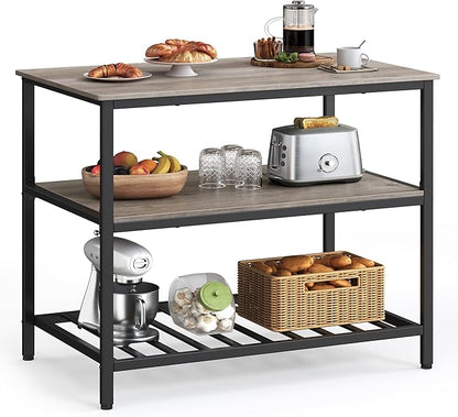 VASAGLE Kitchen Island with 3 Shelves, 39.4 Inches Width Kitchen Shelf with Large Worktop, Stable Steel Structure, Industrial, Easy to Assemble, Greige and Black UKKI005B02